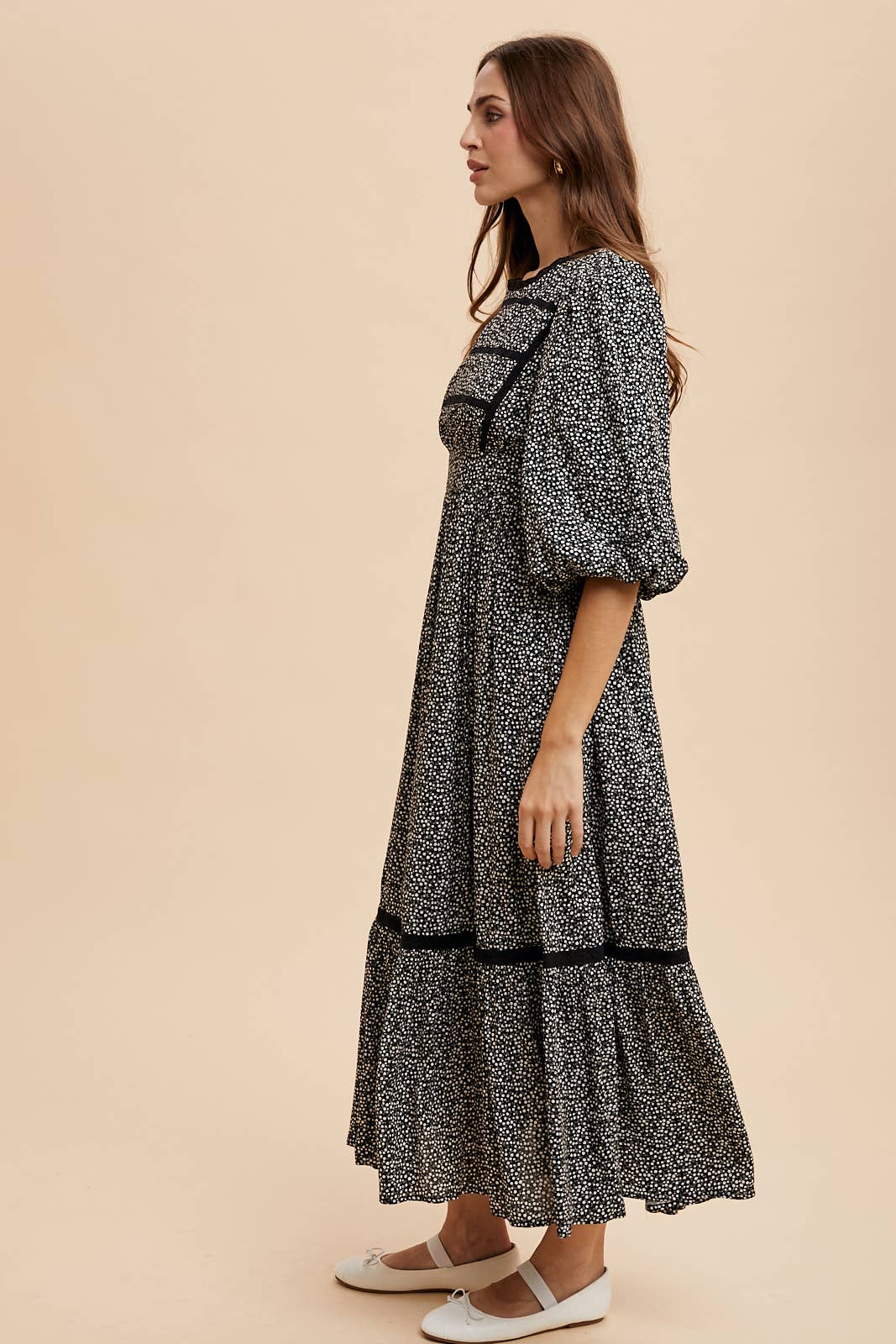 Black Spotted Maxi Dress with Lace Details