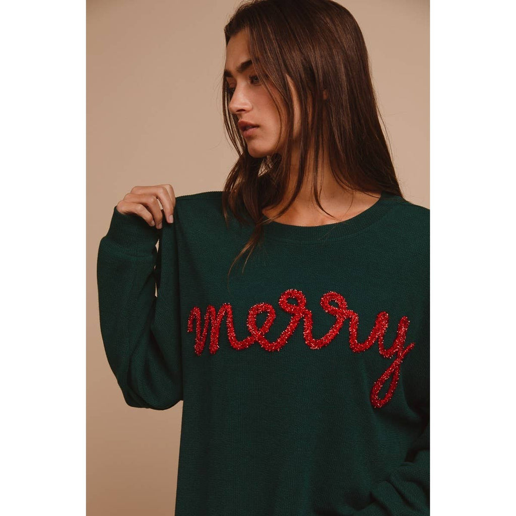 MERRY TINSEL LETTERING TWO TONE RIB PULLOVER