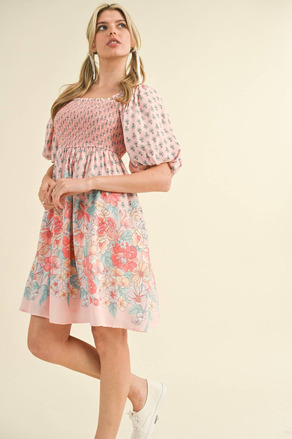 Pink/Peach Floral Smocked Knee Length Dress with Puff Sleeves