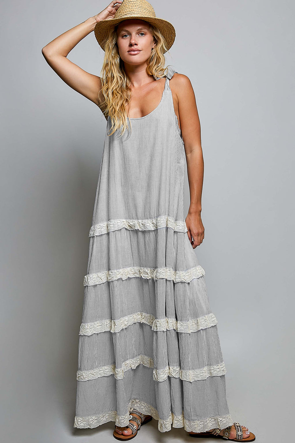 Ivory/Black Striped Tie Top Maxi Dress