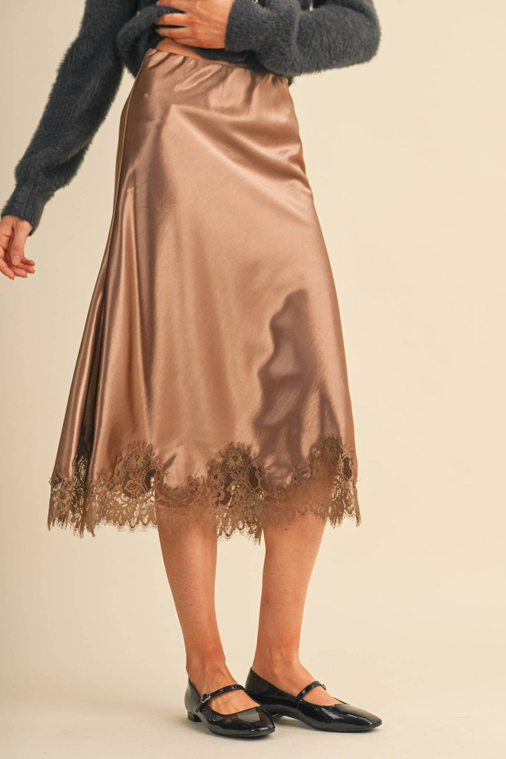 Espresso Satin Midi Slip Skirt with Lace Hem