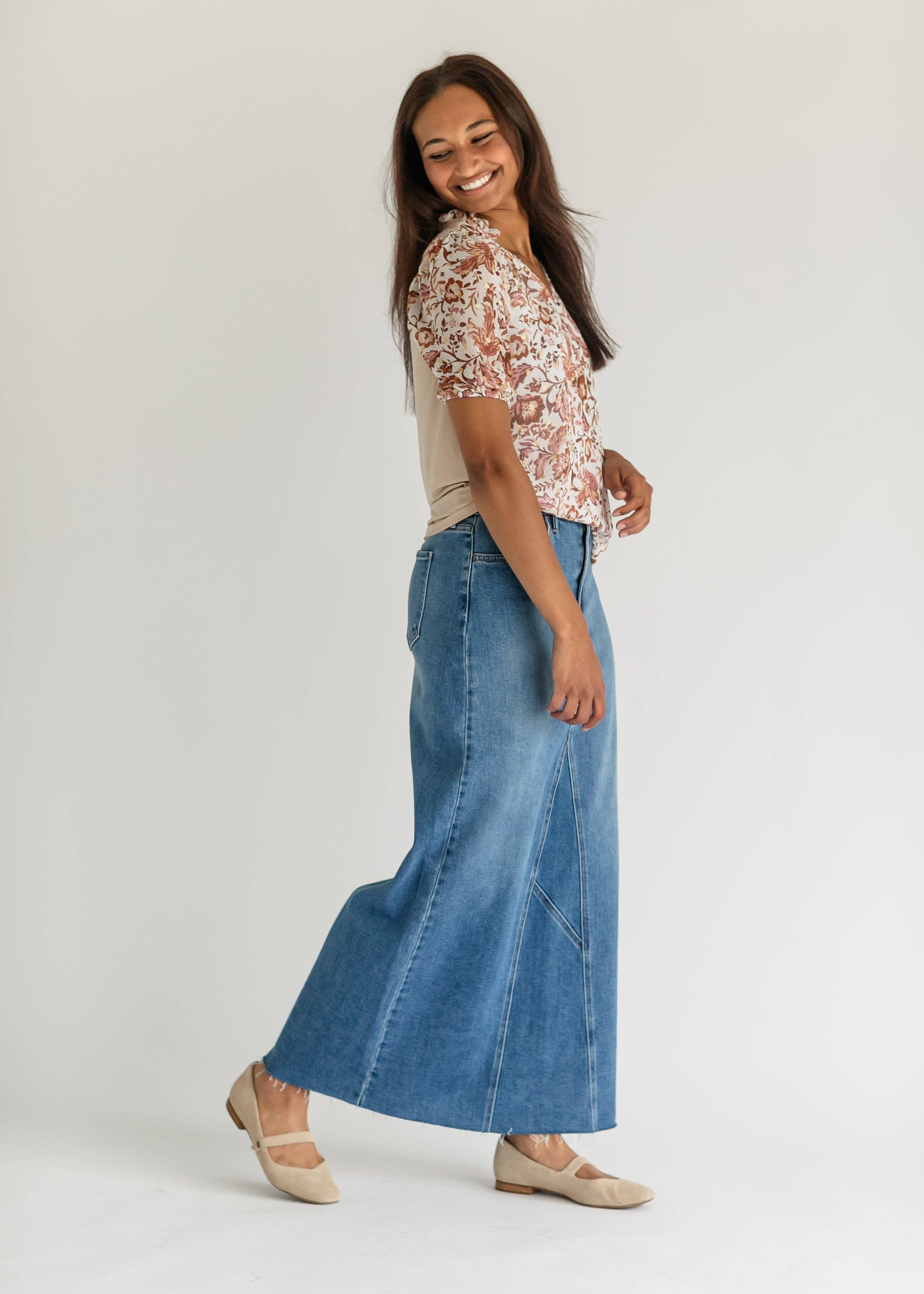 Lee A-Line Raw Hem Maxi Denim Skirt
