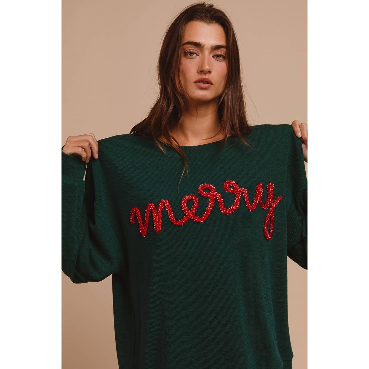 MERRY TINSEL LETTERING TWO TONE RIB PULLOVER