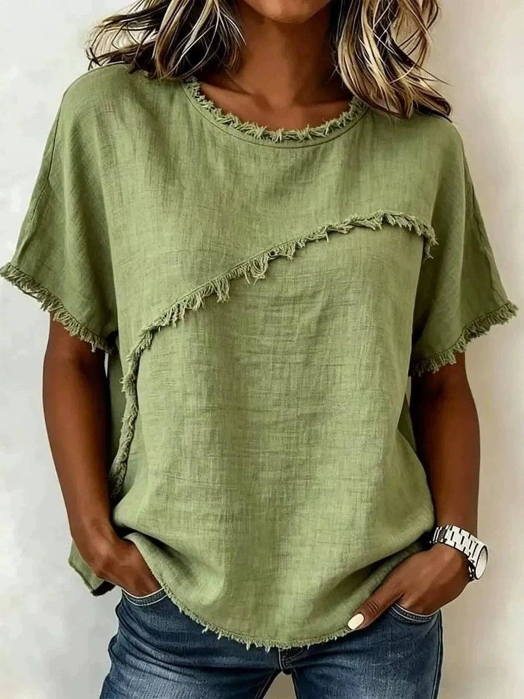 Full Size Frayed Hem Short Sleeve Top Plus Size