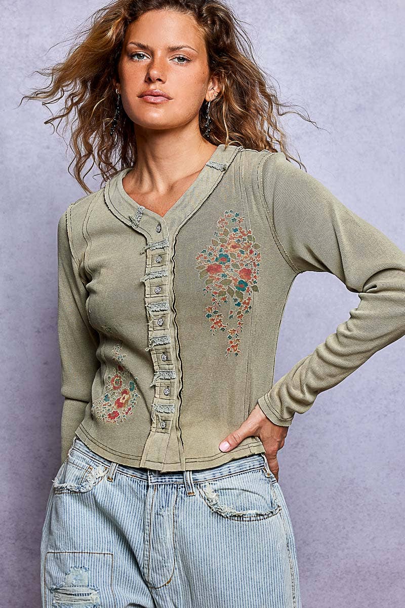 Vintage-Inspired Wash Button-Front Placket Ribbed Knit Top