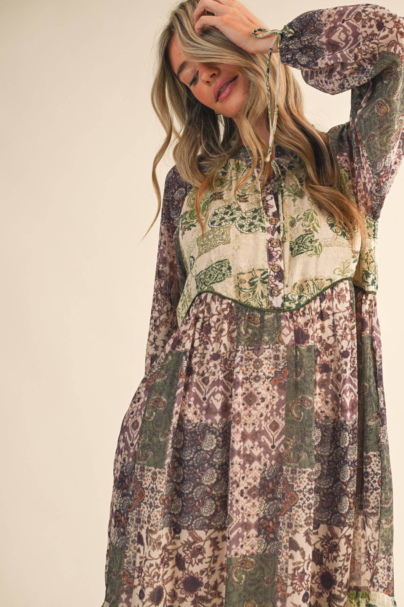 Olive Patchwork Mid Length Dress