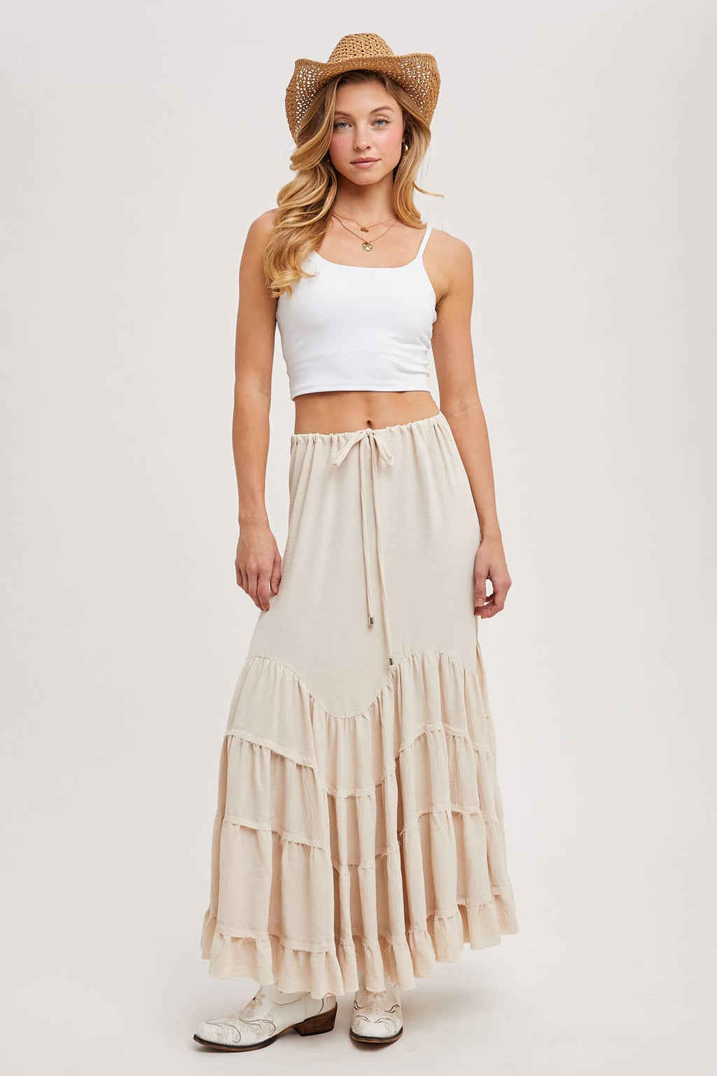 RUFFLED DRAWSTRING WASIT MAXI SKIRT WITH LINING