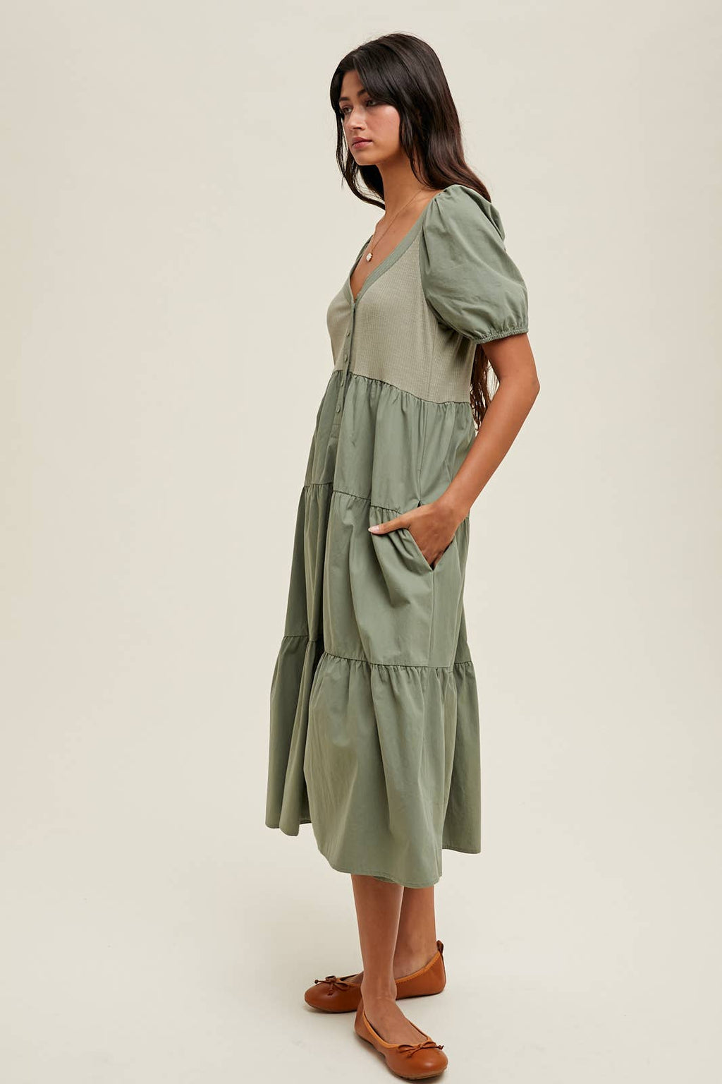 Olive Buton Front Mid Length Dress with Puff Sleeve