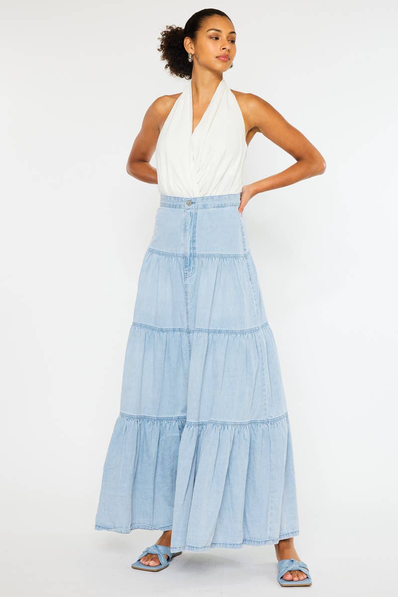 Light Wash Tiered Maxi Skirt - Kan Can