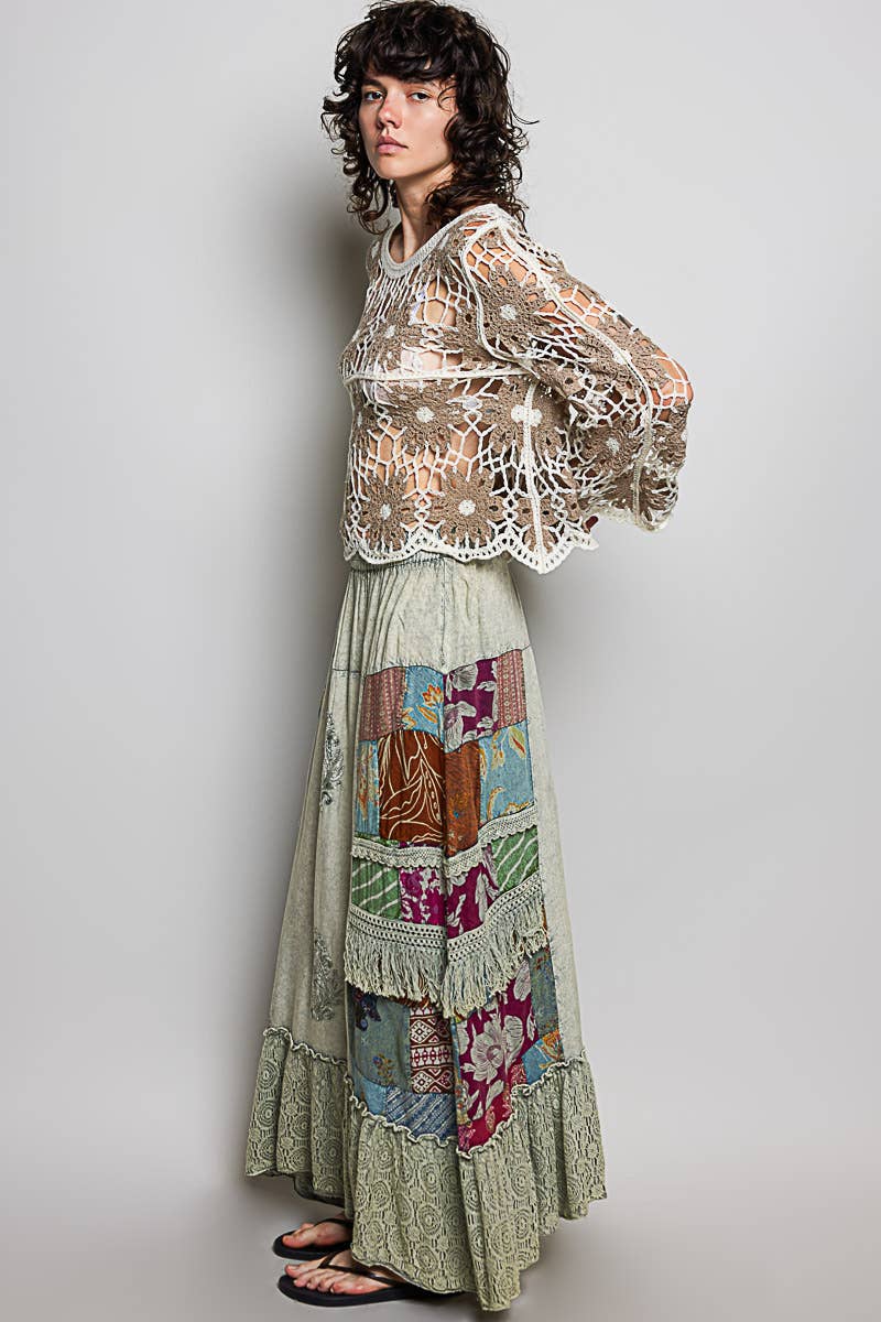 Sage Print Patch Vintage Washing Ruffle Maxi Skirt
