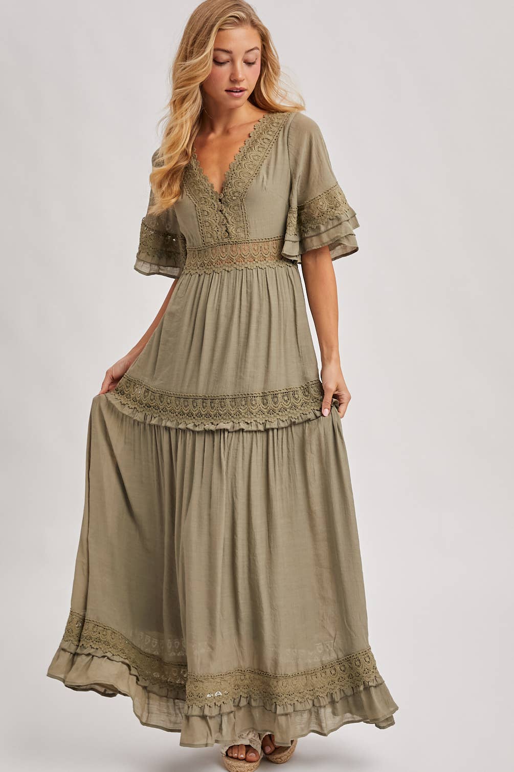 Lace V Neck Maxi Dress with Ruffle Sleeves (Olive & Ivory)