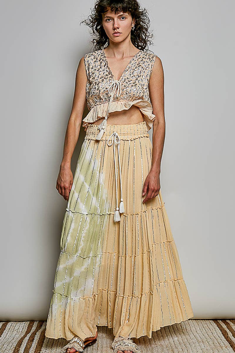 Coral/Olive Smocked Waist Tassel Tie Tiered Maxi Skirt