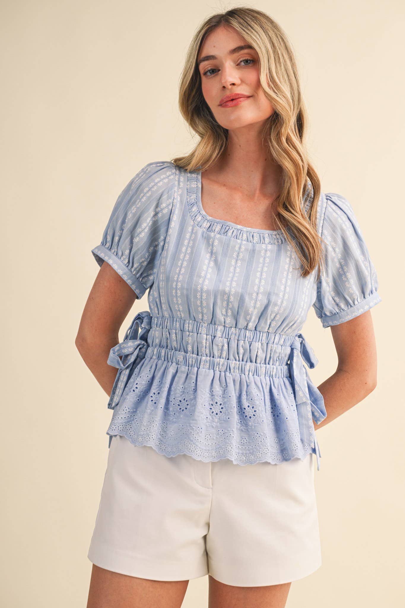 Denim Blue Striped Floral Eyelet Hem Peplum Top