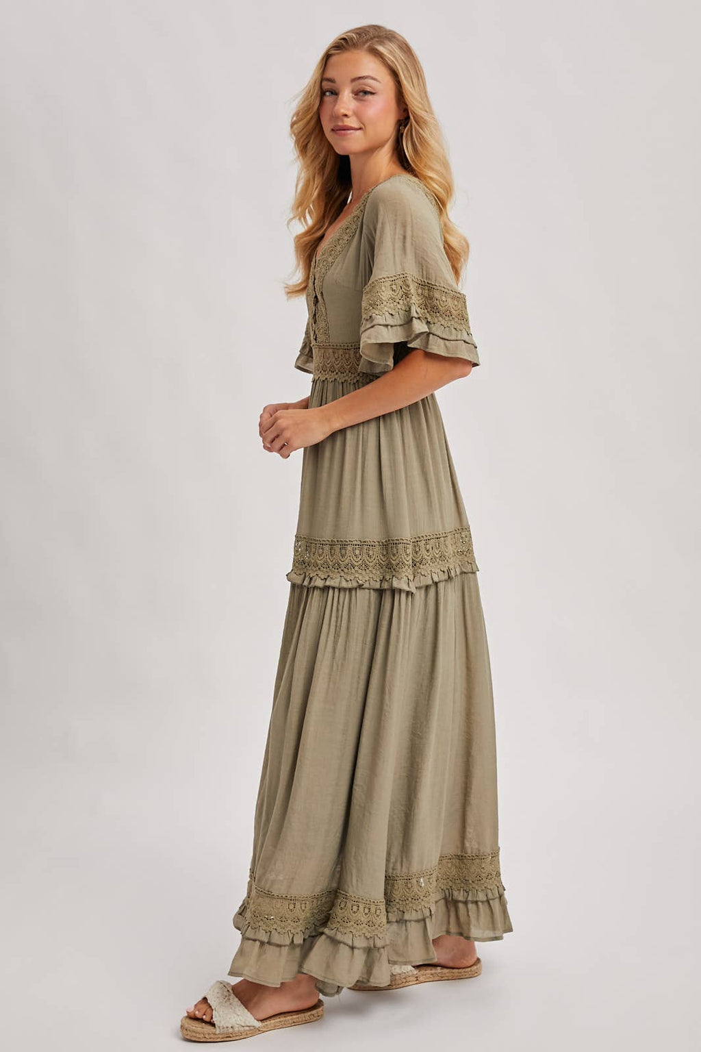 Lace V Neck Maxi Dress with Ruffle Sleeves (Olive & Ivory)