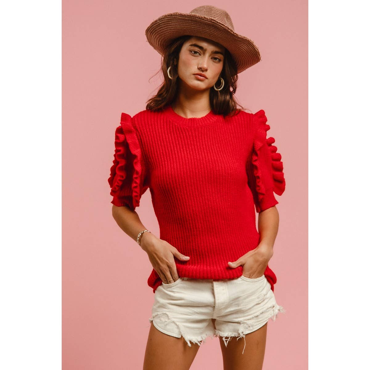 SOLID KNIT RUFFLED SLEEVES TOP