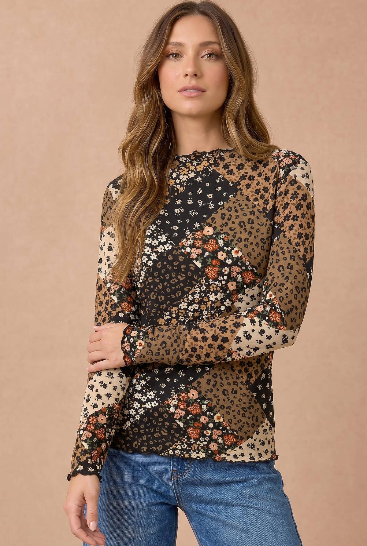 Floral Patchwork Mock Neck Frill Top