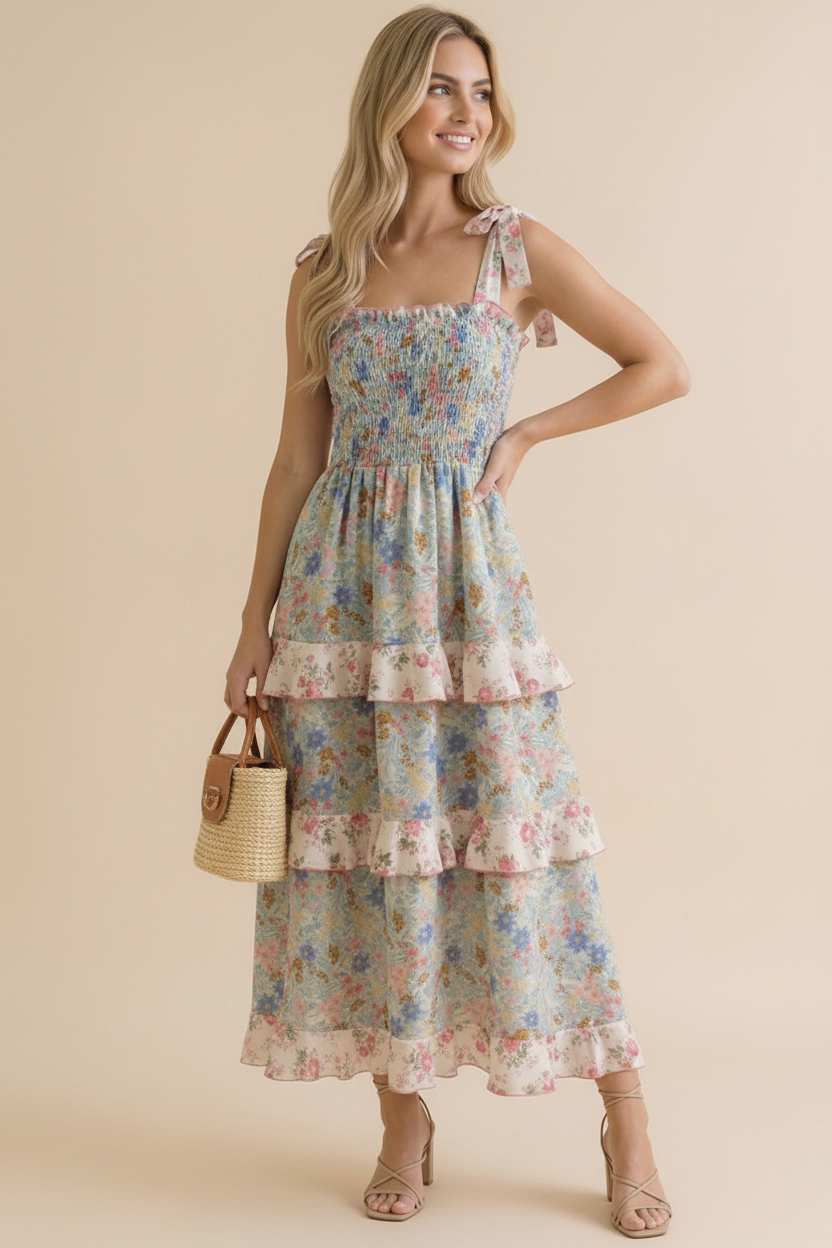 Plus Smocking Tube Color Block Floral Maxi Dress
