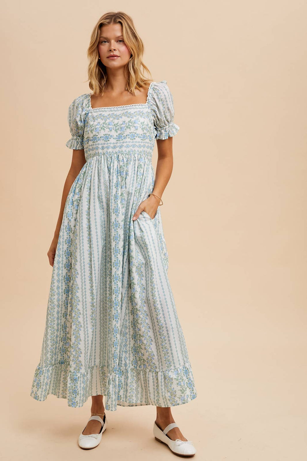 Ivory/Peach Floral Square Neck Maxi Dress with Puff Print Sleeves