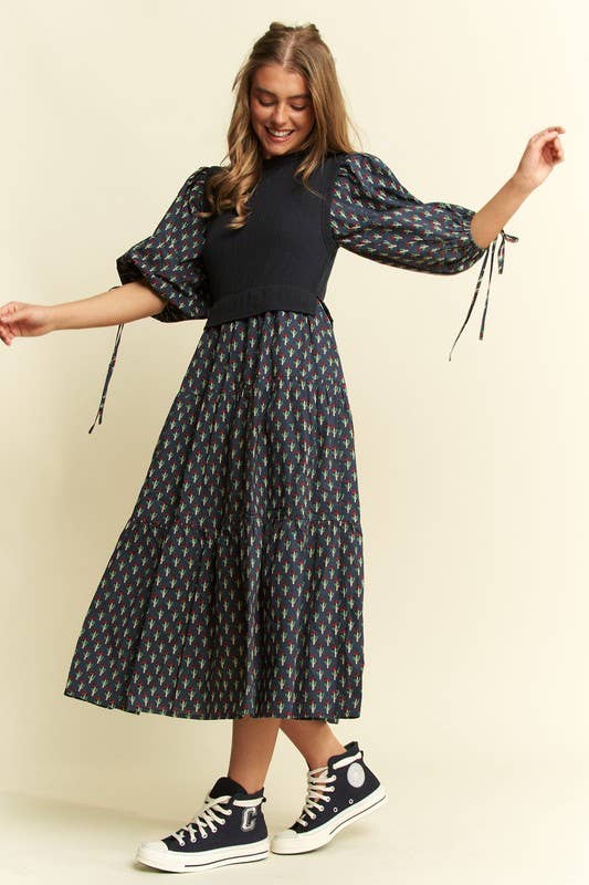 Floral Print Mixed Media Tiered Midi Dress