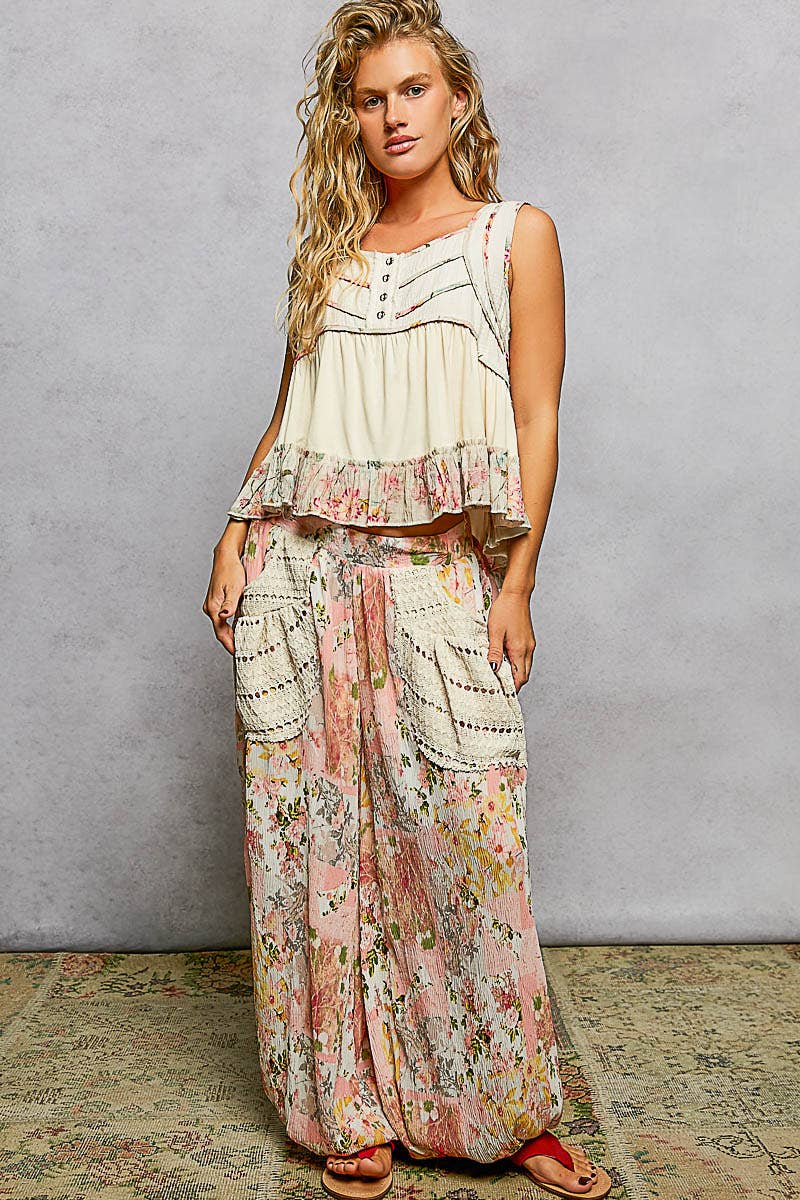 Cream Neck Soft Jersey Floral Trim Boho Tank Top