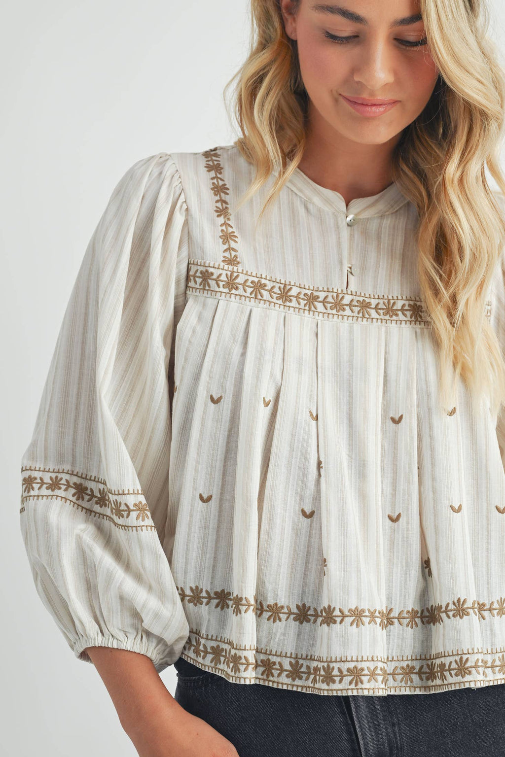 Ivory/Beige Embroidered Puff Long Sleeve Top
