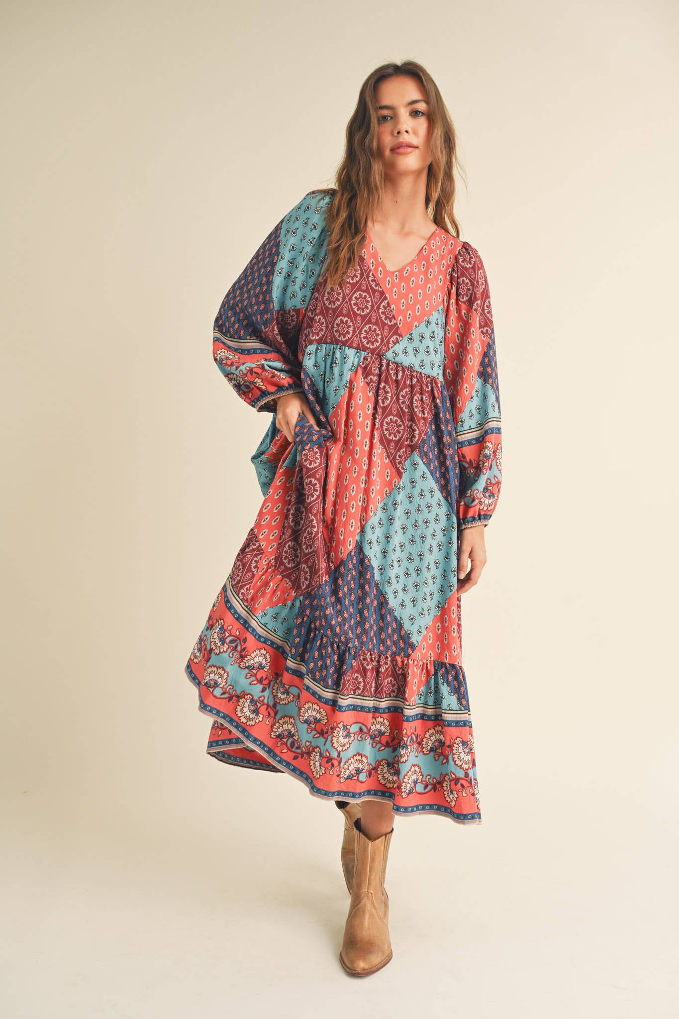 Rust Multi Color Printed Balloon Sleeve Mid Length Dress