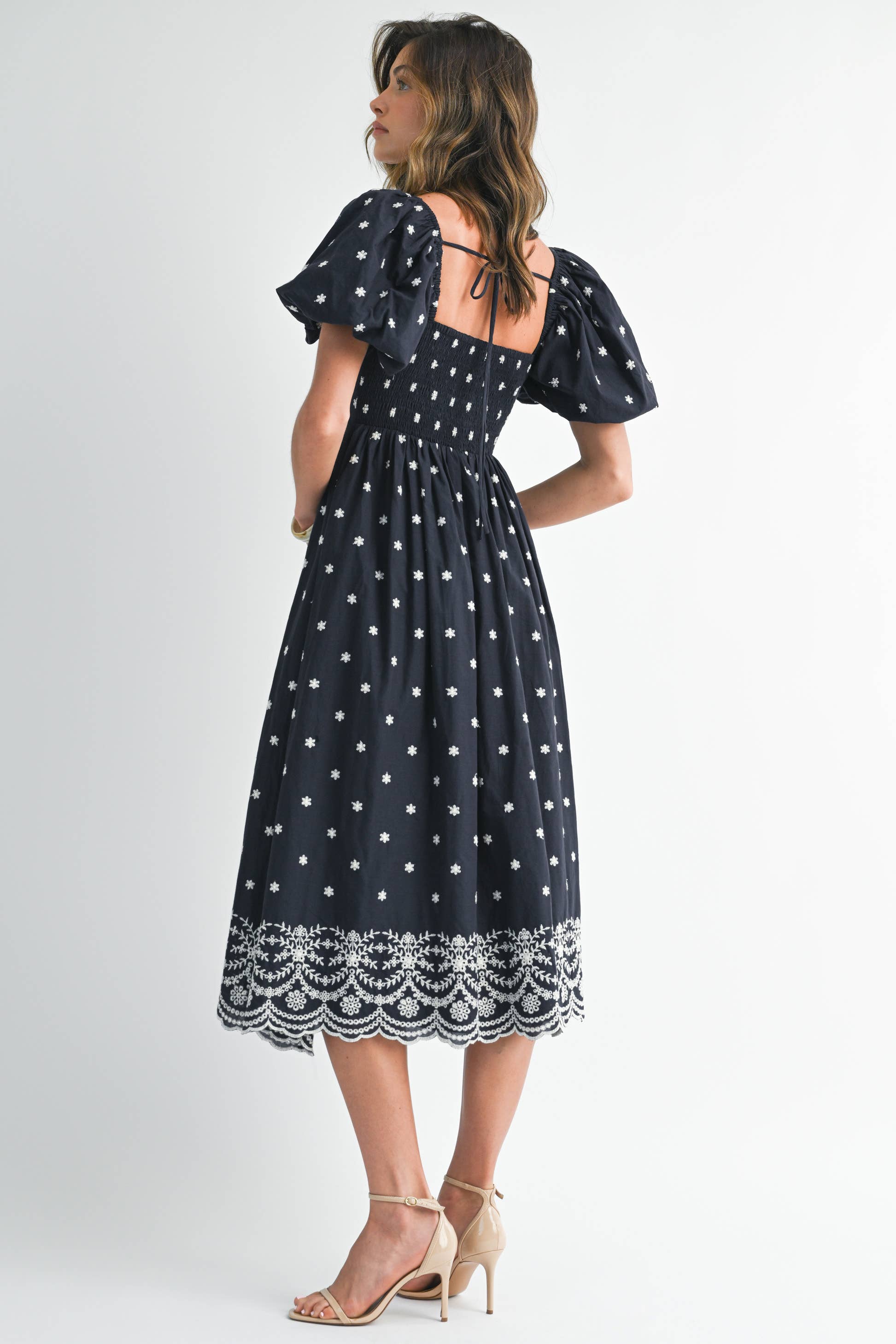 Navy Floral A Line Tie Back Dress with Puff Sleeves