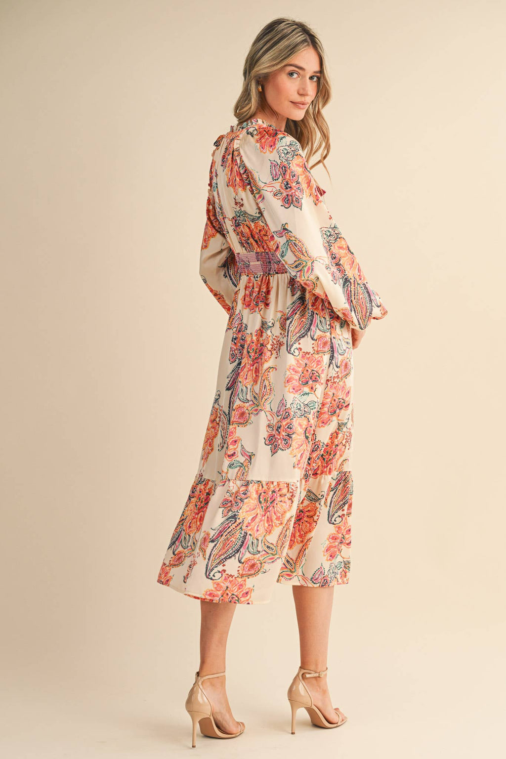 Cream Paisley Dress with Smocked Detail