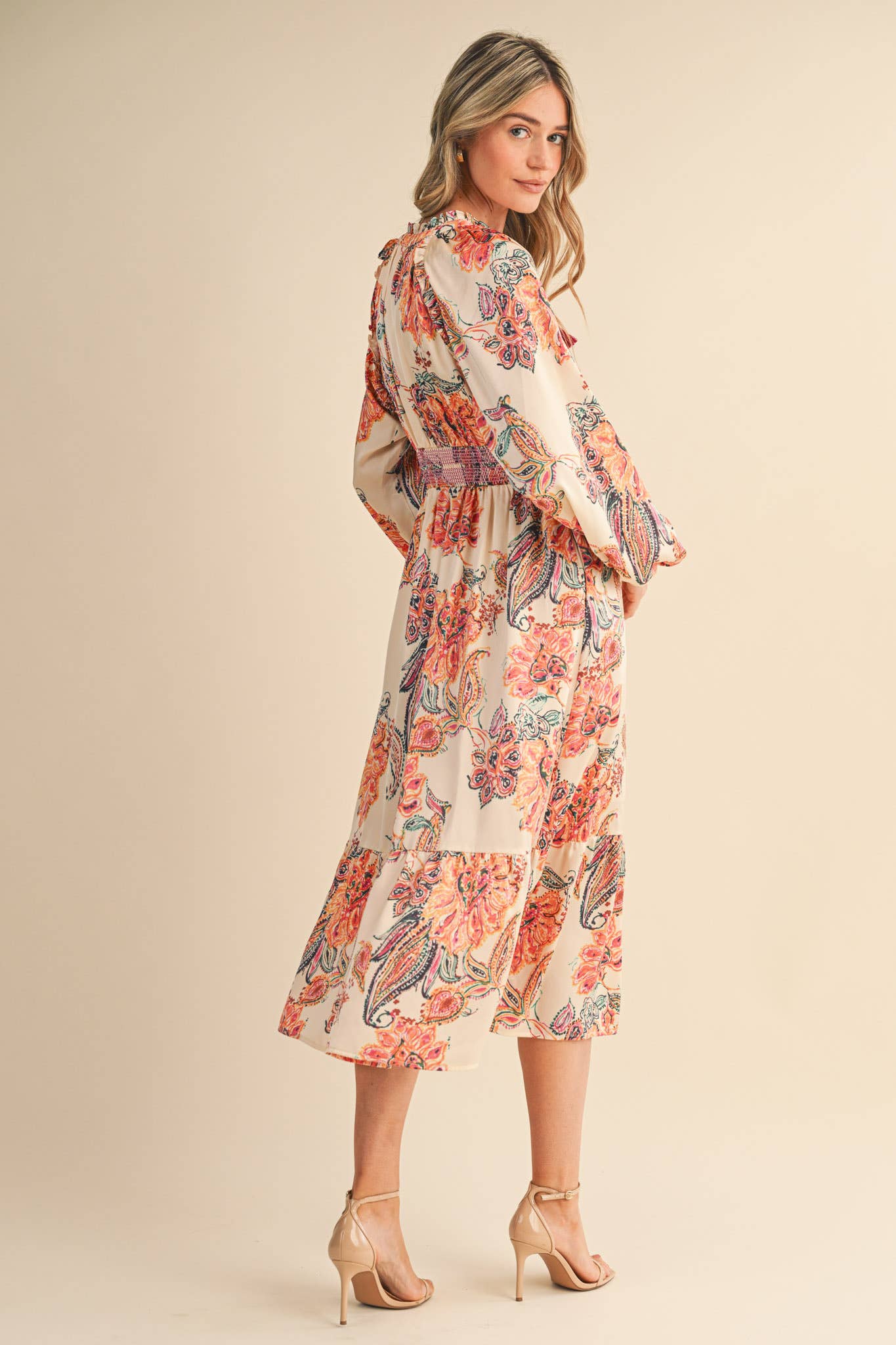 Cream Paisley Dress with Smocked Detail