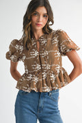 Mocha Embroidered Peplum Blouse with Puff Sleeves