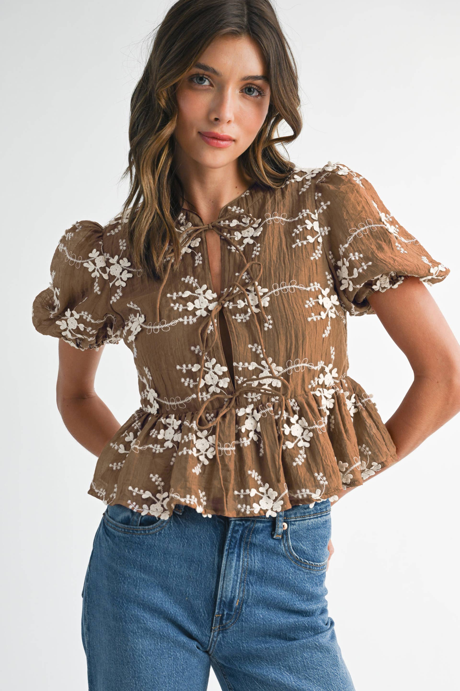 Mocha Embroidered Peplum Blouse with Puff Sleeves