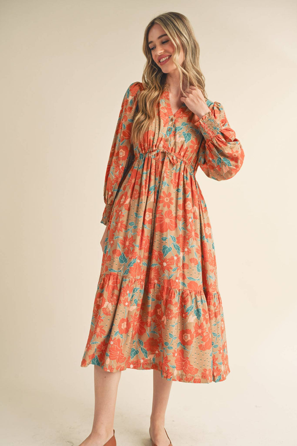 Cream with Rust/Teal Floral Ruffle Maxi Dress