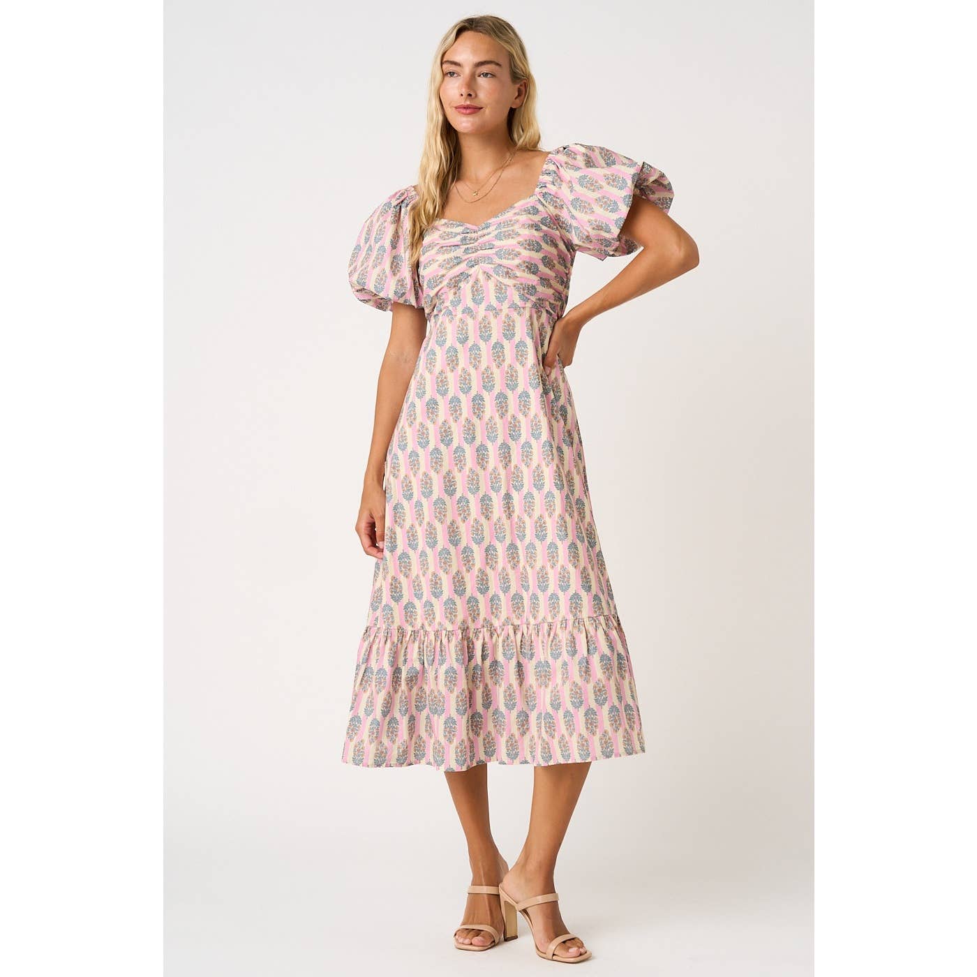 Sage/Ivory Striped with Peach Floral Puff Sleeve Dress