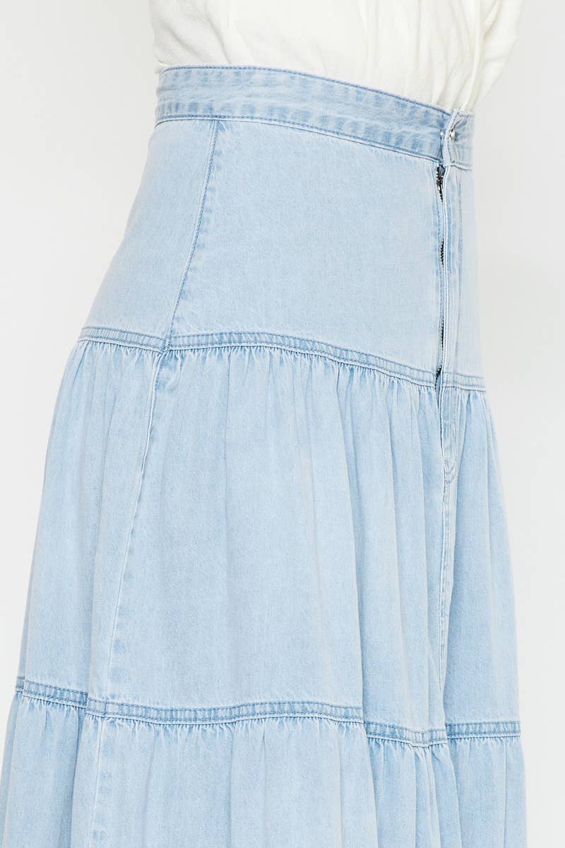 Light Wash Tiered Maxi Skirt - Kan Can