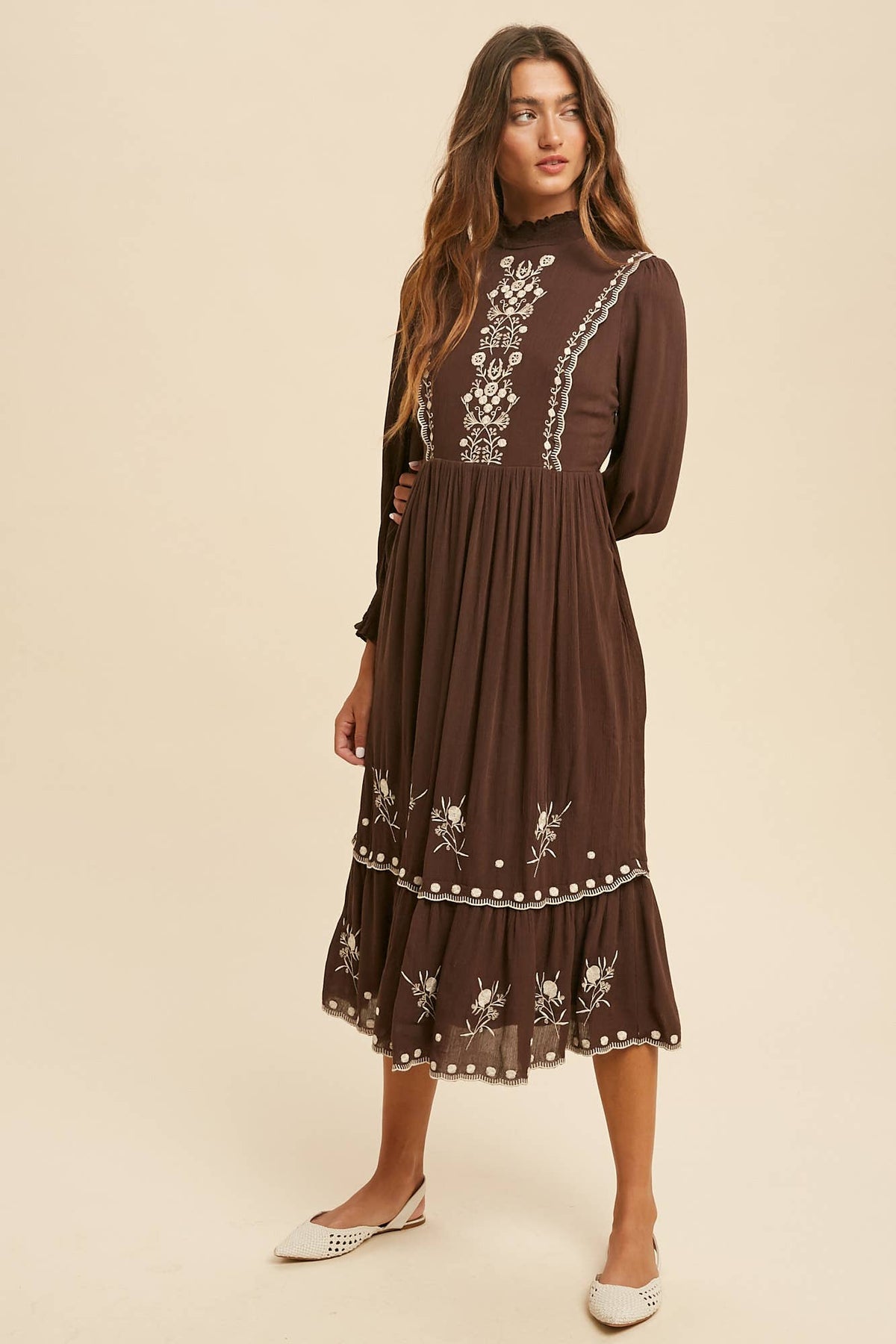 Brown Embroidered Smocked Neck Dress