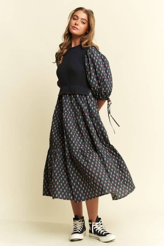 Floral Print Mixed Media Tiered Midi Dress