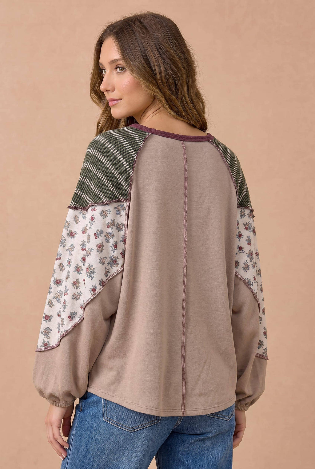 Plus Floral and Stripe Color Block Knit Top