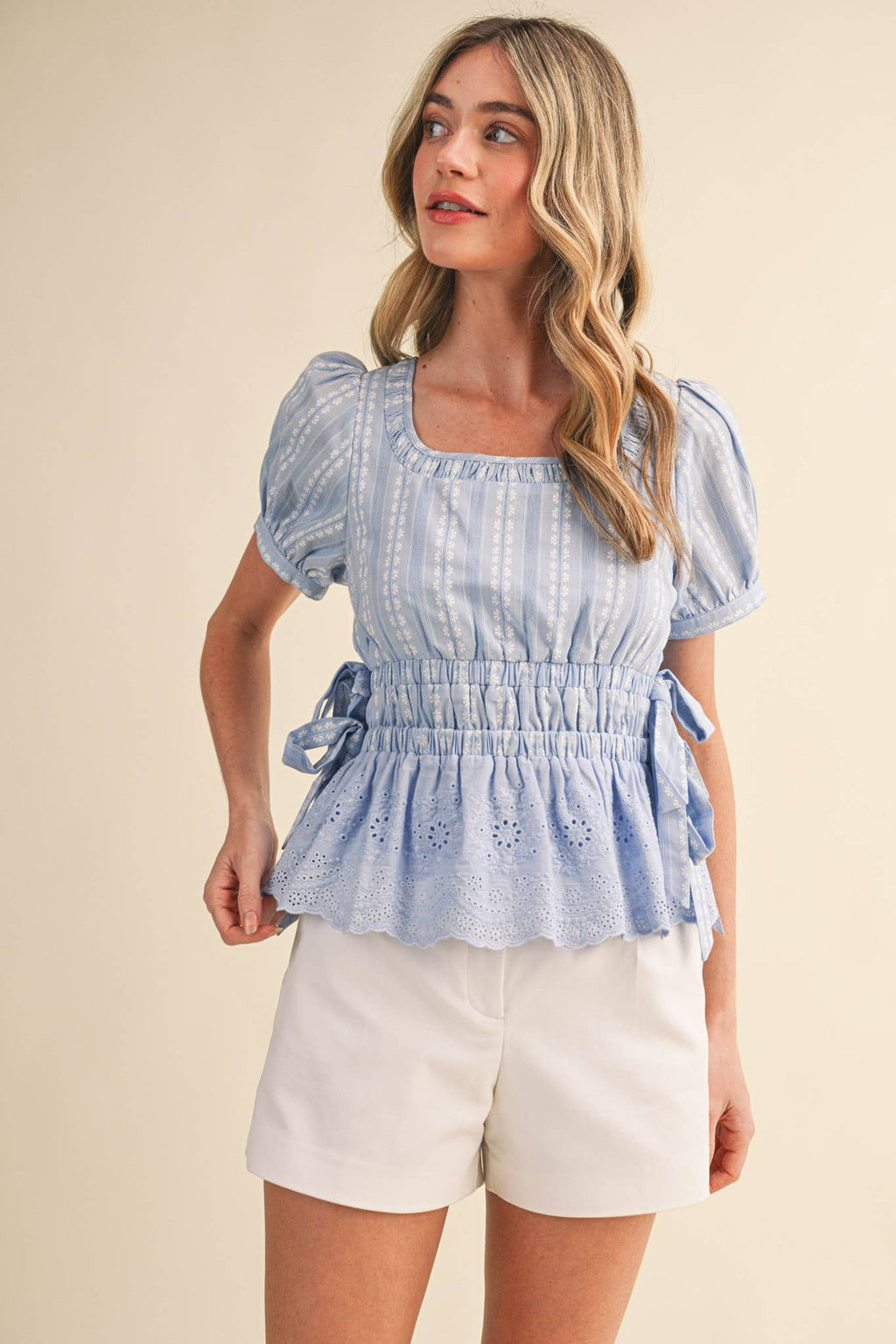 Denim Blue Striped Floral Eyelet Hem Peplum Top