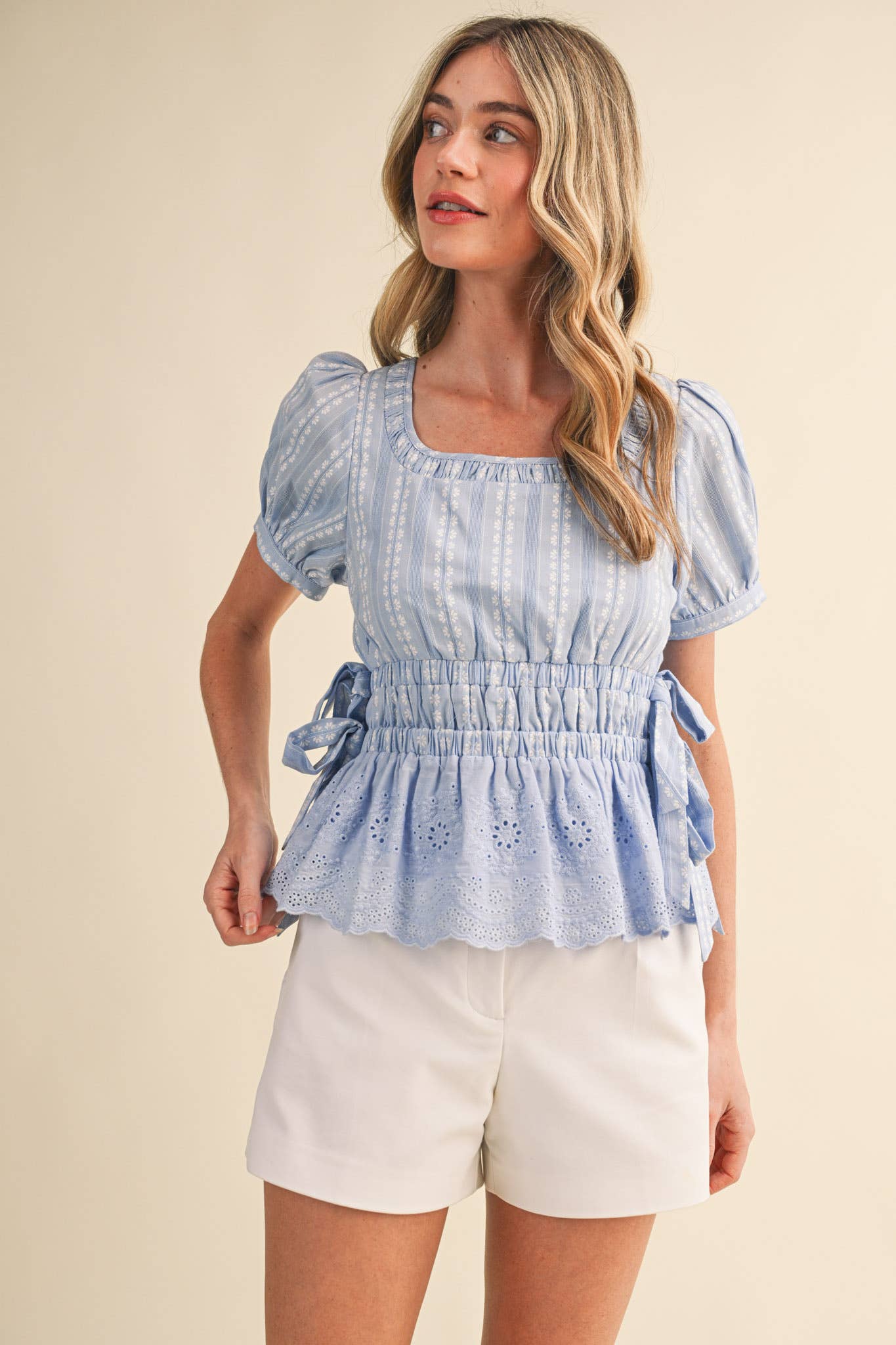 Denim Blue Striped Floral Eyelet Hem Peplum Top