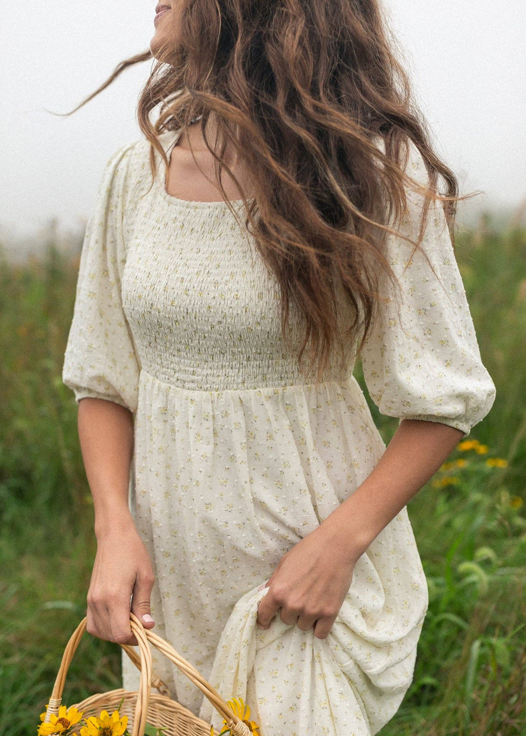 Kayleen Ivory Floral Smocked Bodice Maxi Dress