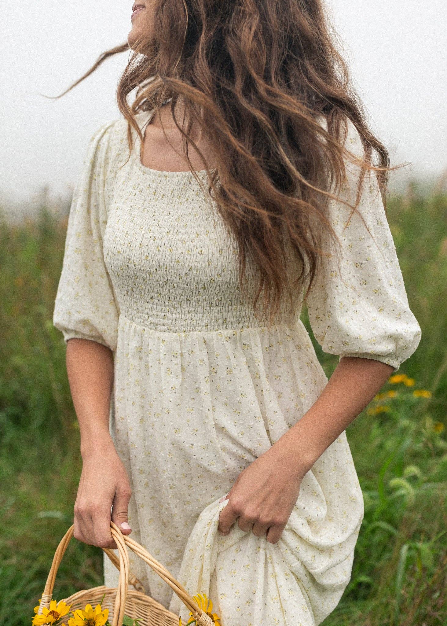 Kayleen Ivory Floral Smocked Bodice Maxi Dress