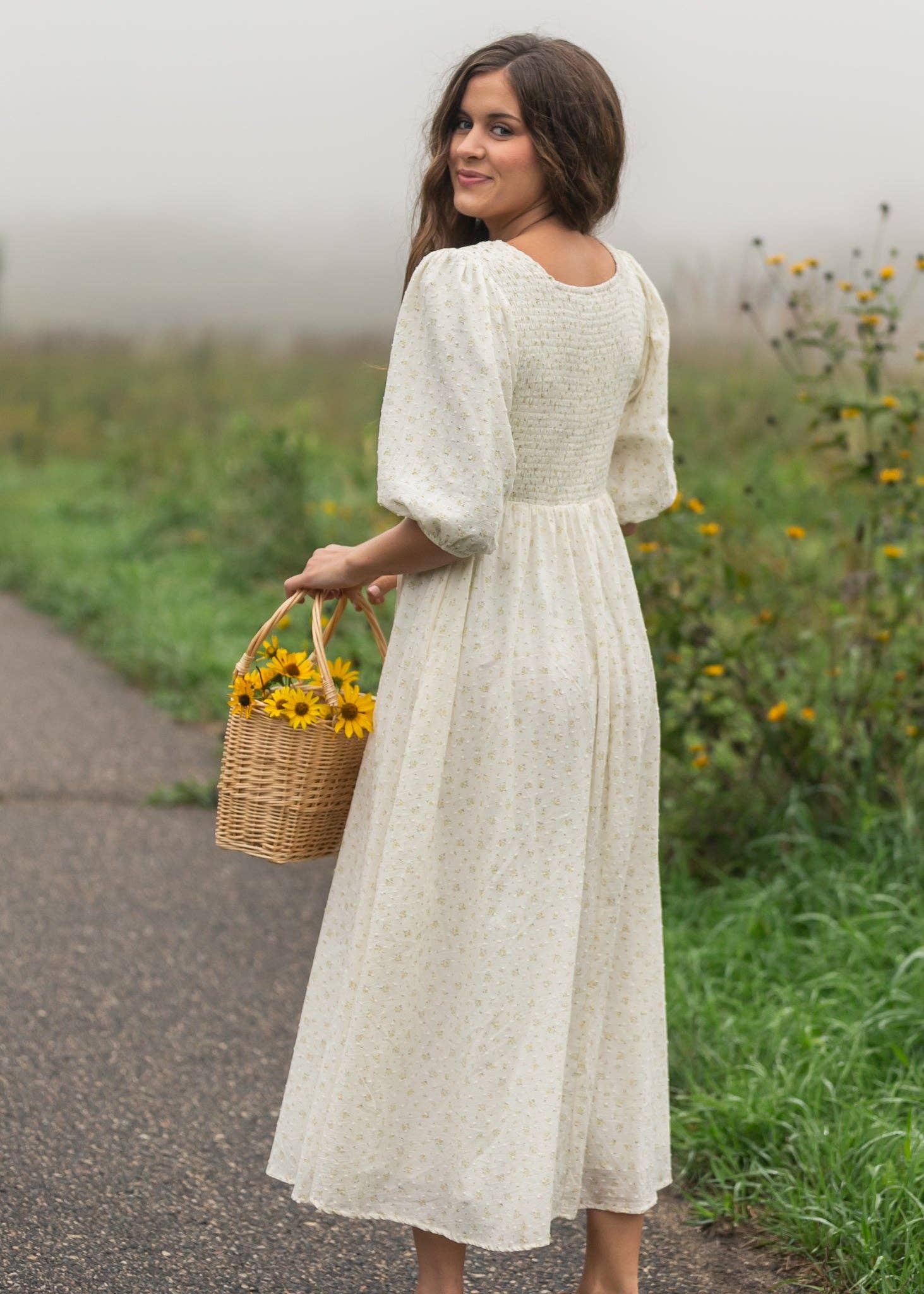 Kayleen Ivory Floral Smocked Bodice Maxi Dress