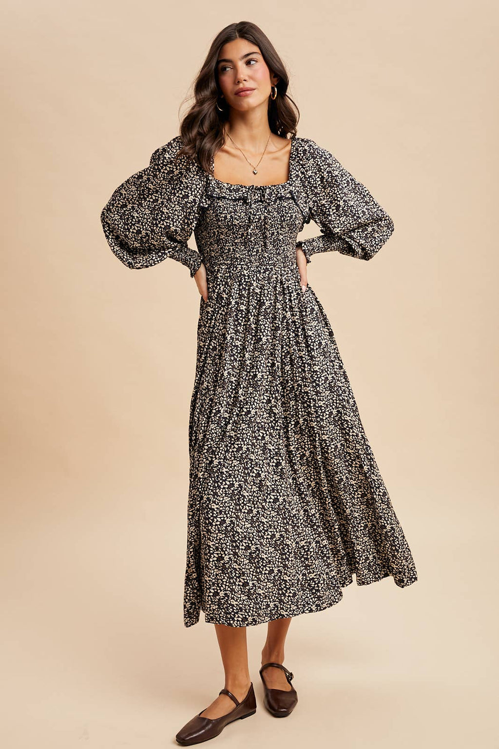 Midnight Floral Maxi Dress with Smocked Bust