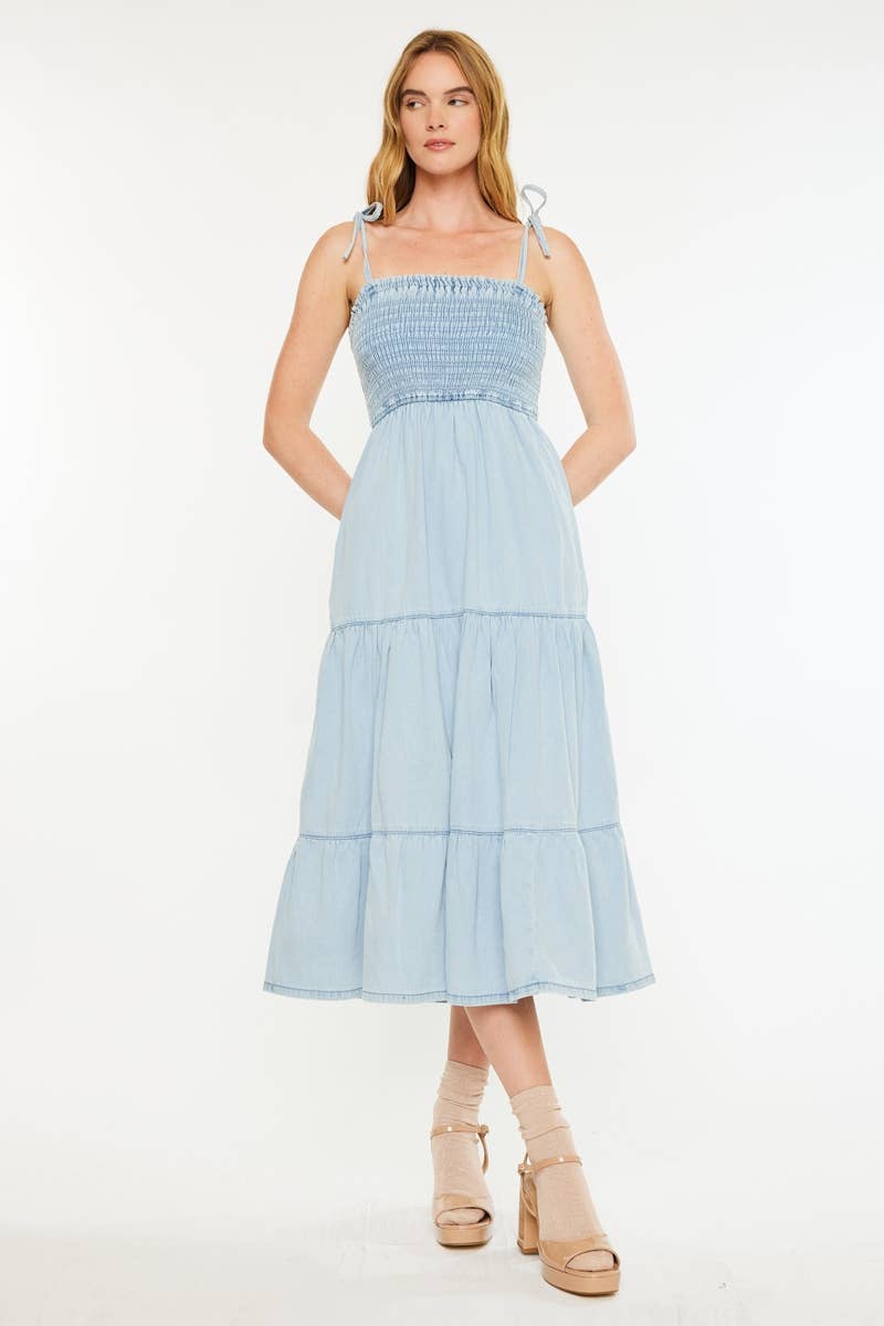 Light Wash Denim Dress with Smocking Detail - Kan Can