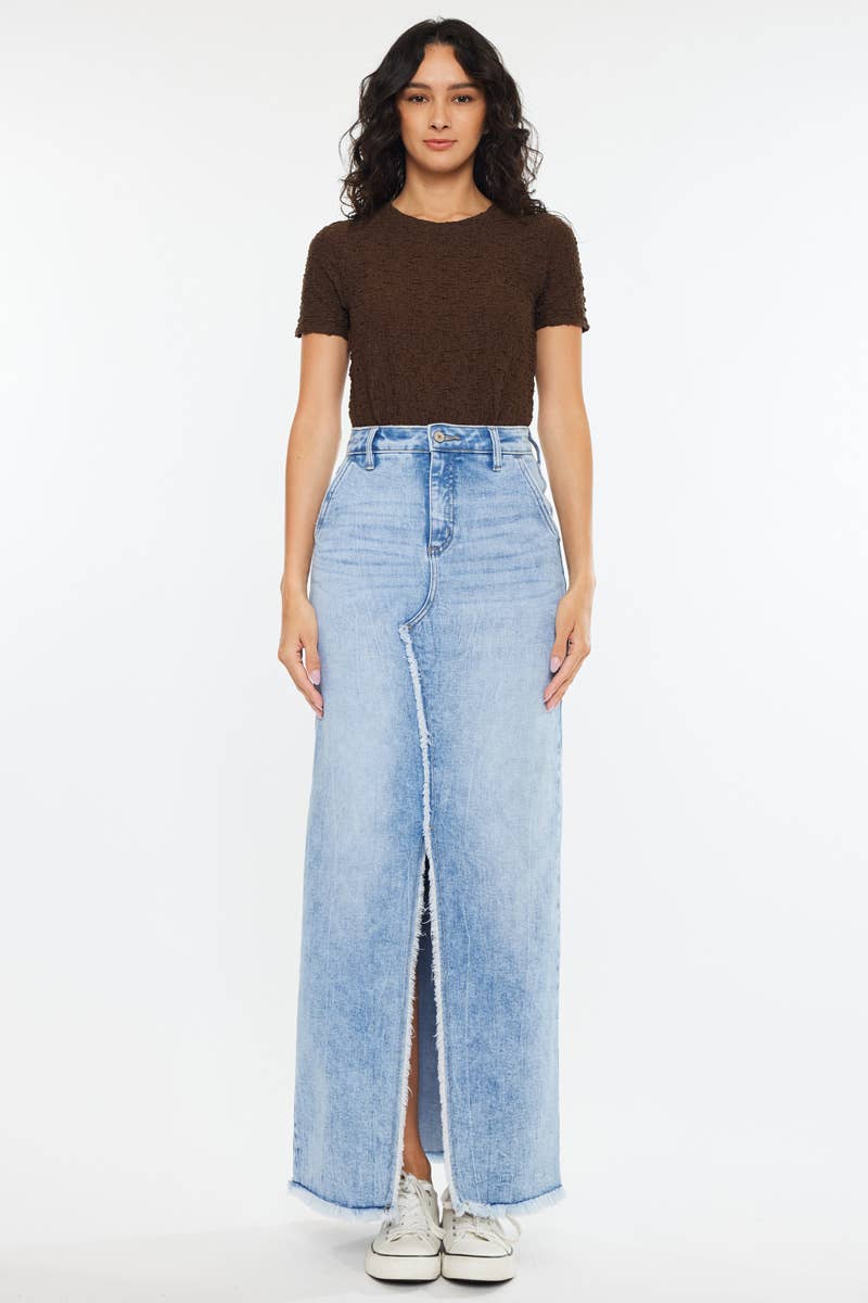 Medium Wash High Waisted Maxi Skirt with Front Slit - Kan Can