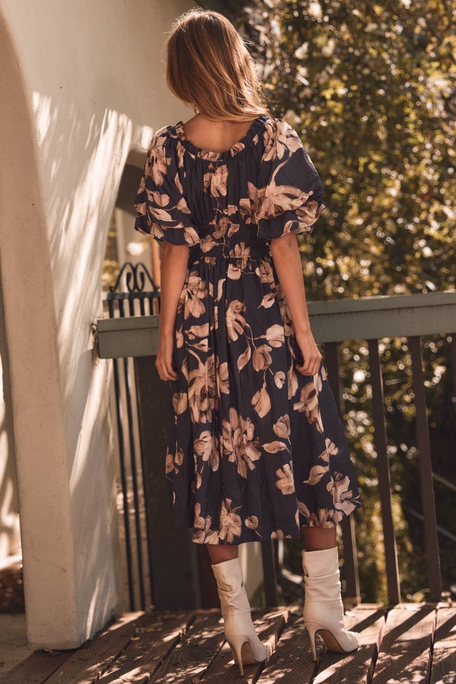 Navy Floral Printed Smocked Waist Midi Dress