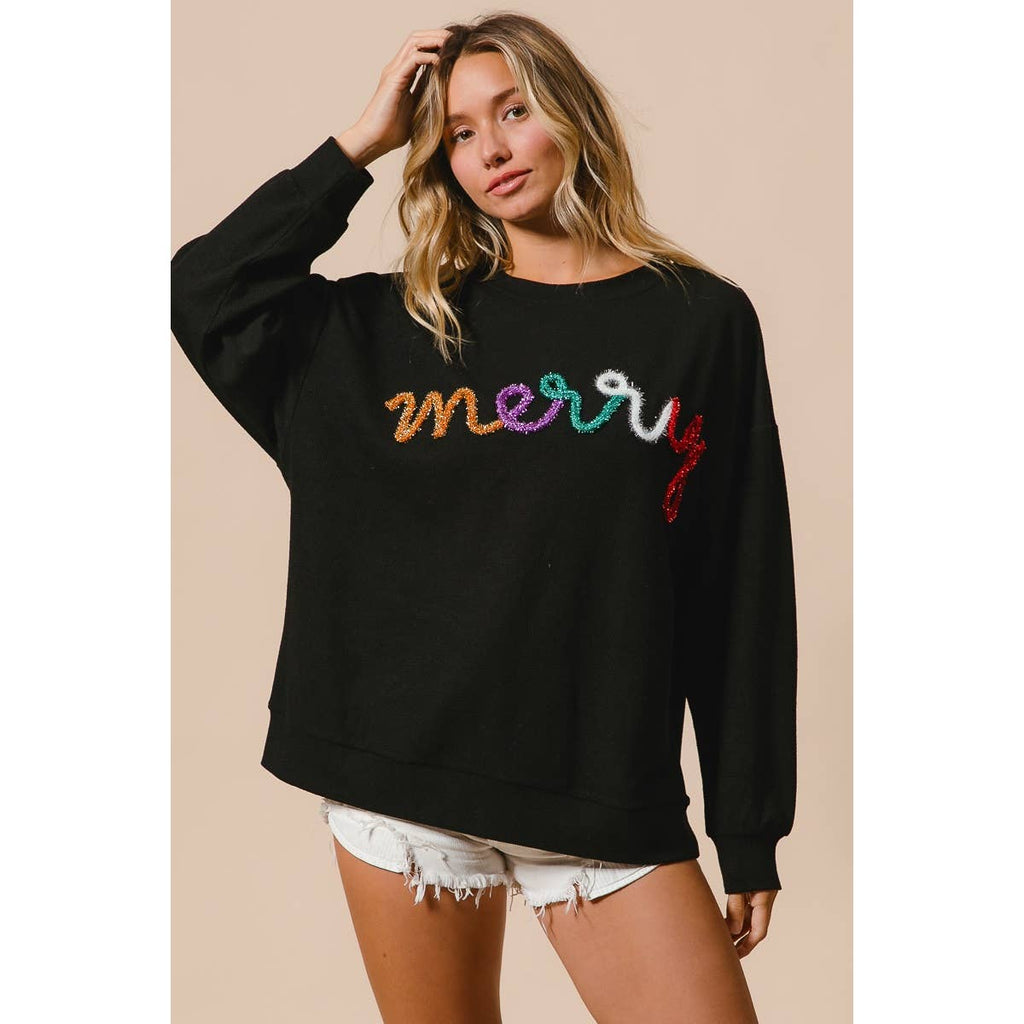 MERRY TINSEL LETTERING TWO TONE RIB PULLOVER