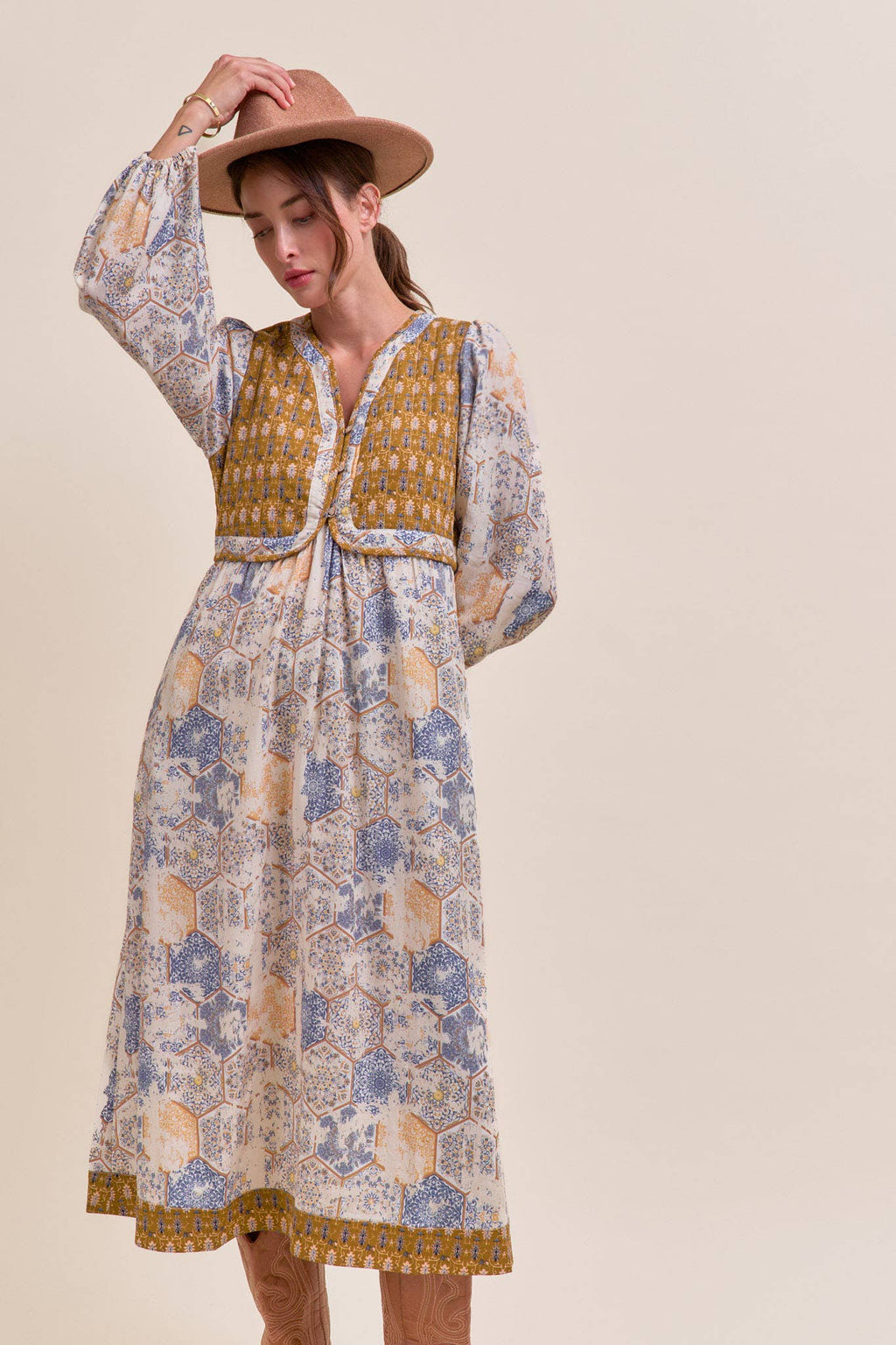 Mustard/Blue Quilted Vest Midi Length Dress