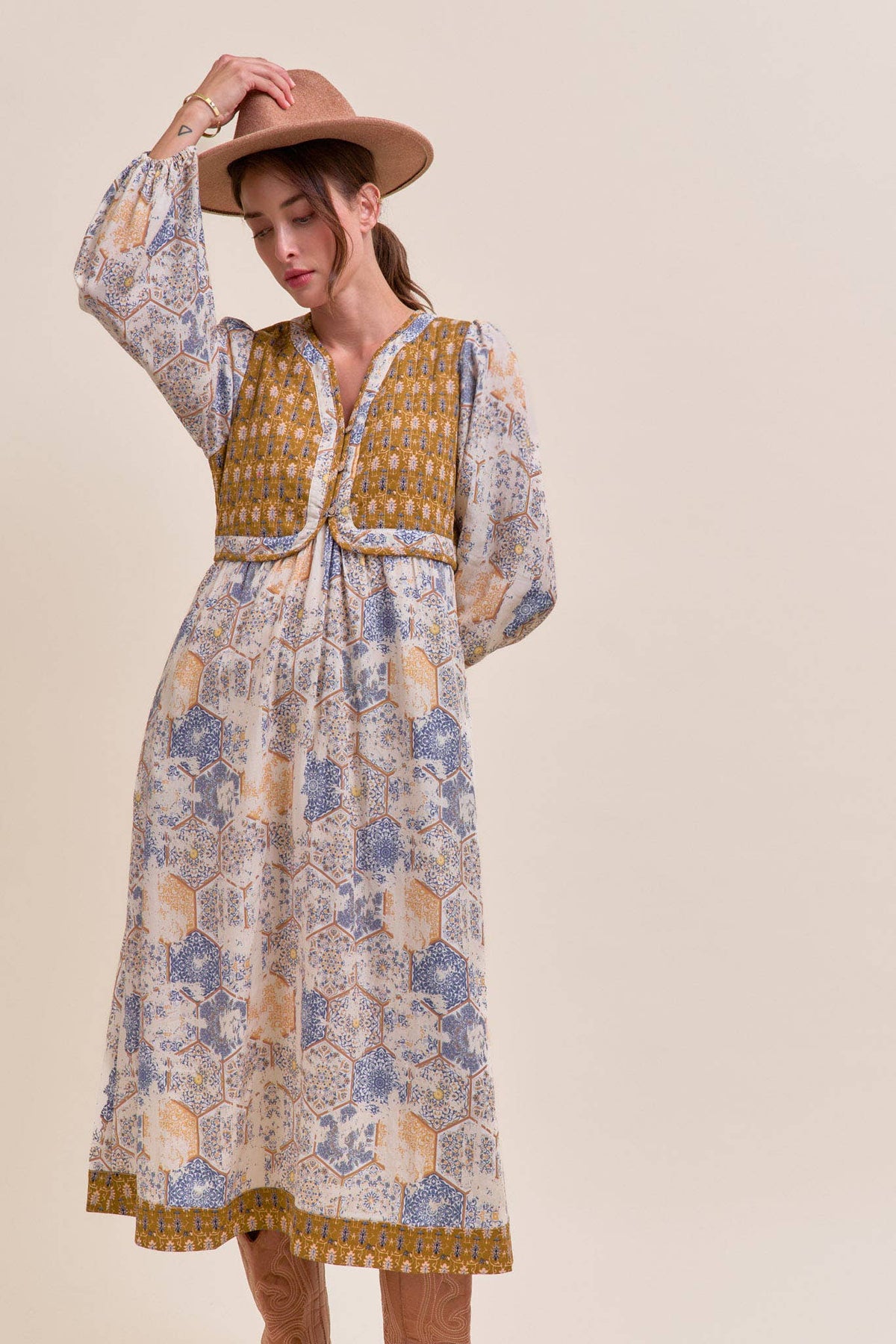 Mustard/Blue Quilted Vest Midi Length Dress