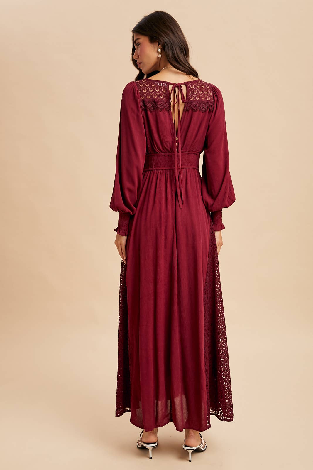 Wine Long Sleeve Dress with Lace Details